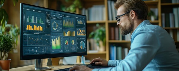 Man analyzes energy efficiency on computer screen. Looks at complex graphs, charts. Business energy audit in progress. Eco consultant reviews building performance data. Tech tools show sustainability