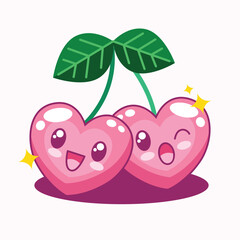 Cute kawaii heart shaped cherries cartoon illustration
