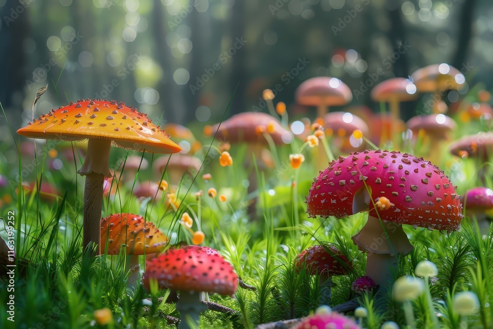 Poster vibrant mushrooms flourish in a lush forest setting during early morning light, creating a magical a