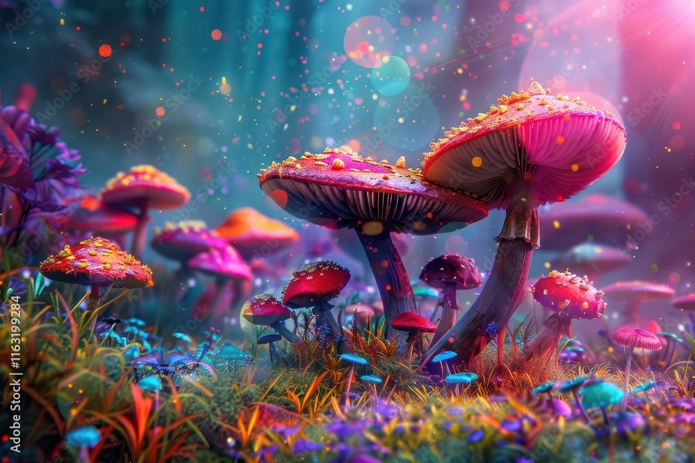 Poster vibrant mushrooms flourish in a lush forest setting during early morning light, creating a magical a