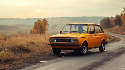Obraz premium Orange Classic Car on Autumn Country Road