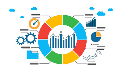 A vibrant infographic showcasing data analysis with charts, graphs, and tools, emphasizing interconnected insights and business intelligence.