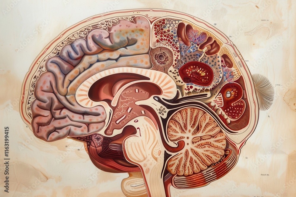Poster Detailed view of human brain anatomy showcasing cerebral structures and neural pathways in a scientific exhibition or educational context