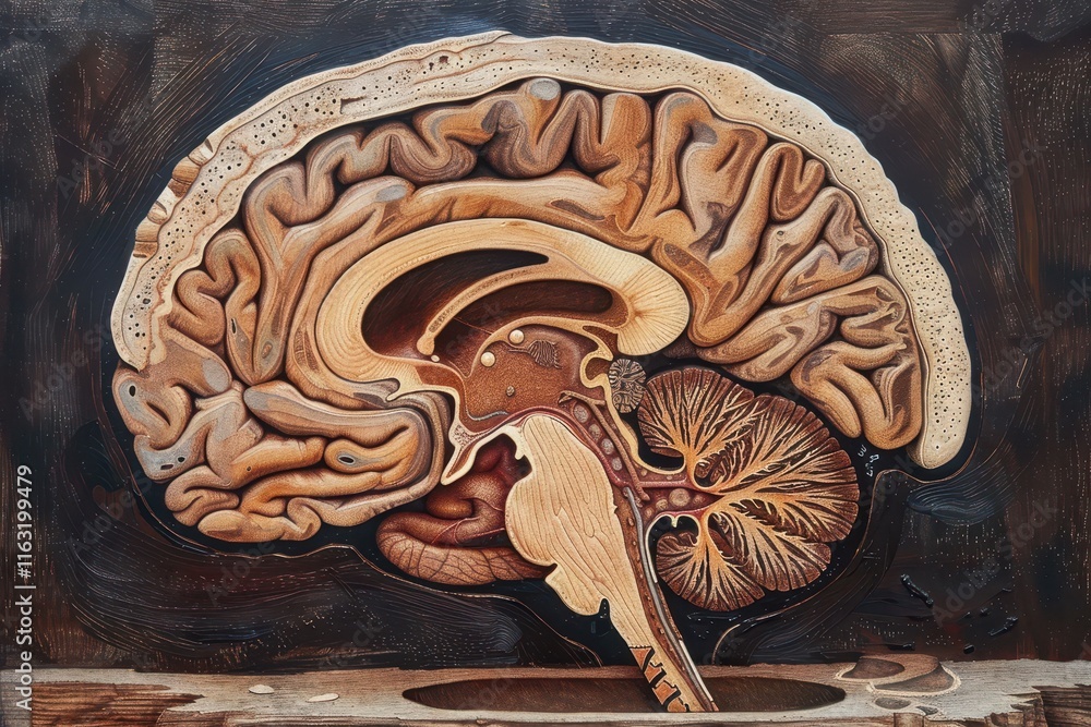 Poster Detailed view of human brain anatomy showcasing cerebral structures and neural pathways in a scientific exhibition or educational context