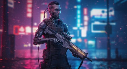 Fototapeta premium Futuristic cyberpunk soldier in neon cityscape at night with advanced armor and weapon