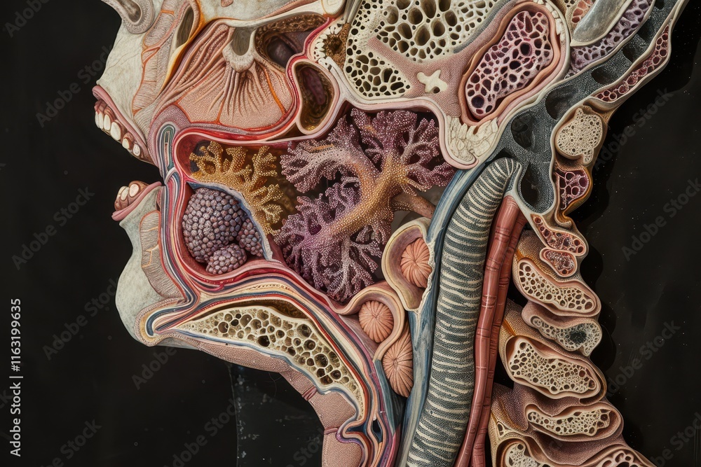 Aufkleber Detailed illustration of cellular structure showcasing various types of cells and their interactions under magnification in a colorful cross-section