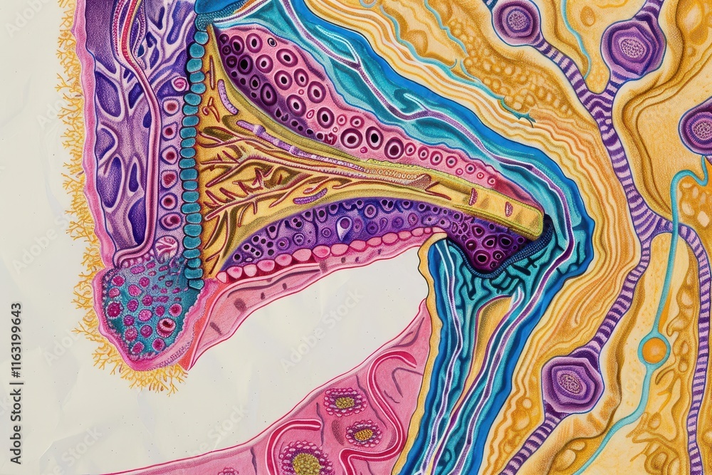 Poster Detailed illustration of cellular structure showcasing various types of cells and their interactions under magnification in a colorful cross-section