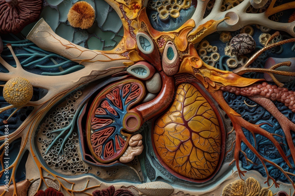 Poster Microscopic view of a colorful cross-section of a plant leaf showcasing intricate cellular structures and patterns in vibrant hues