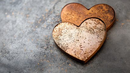 Obraz premium Two rustic hearts, one metallic and one corroded, rest on a textured surface, symbolizing love and weathering over time.