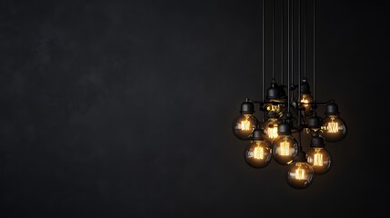 Black chandelier with glowing filament bulbs against a dark minimalist wall