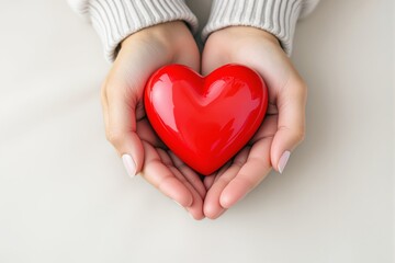 Obraz premium Two hands gently holding a glossy red heart with a soft light background, symbolizing love, care, and compassion. Ai generative