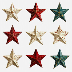 Obraz premium Festive Stars Collection Six Colorful Decorative Stars on White Background for Celebrations and Events