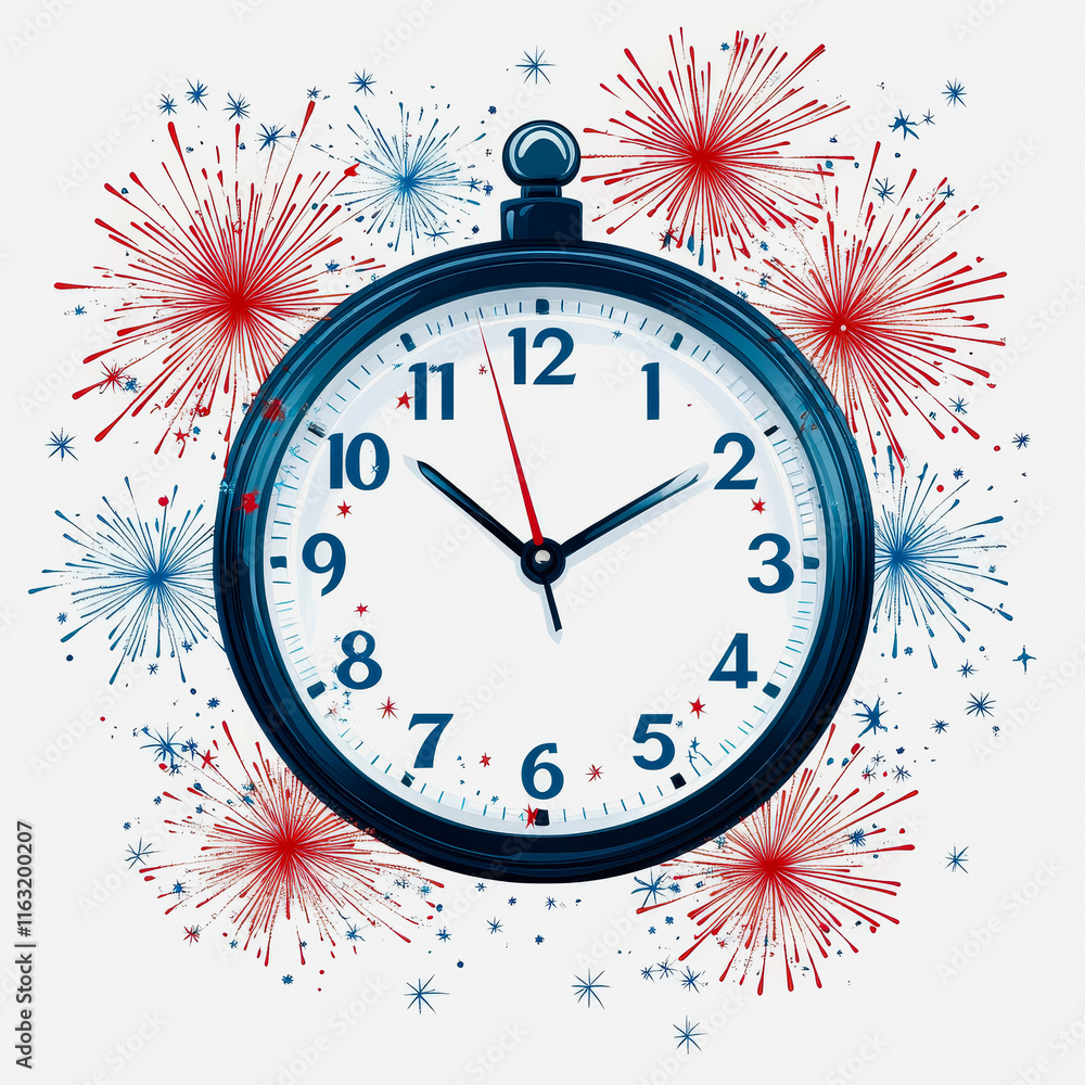 Poster Countdown Fireworks Celebration with Clock Face Displaying Time and Colorful Sparkling Pyrotechnics