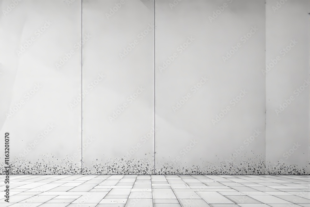 Poster a clean white wall with subtle speckled patterns near its base and a tiled floor in a minimalistic s