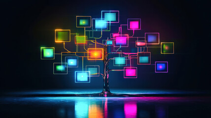 Fototapeta premium A creative hierarchical tree map featuring glowing cells in vibrant gradients, arranged on a polished reflective background