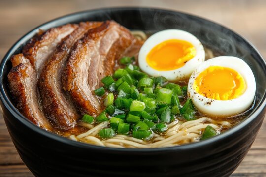 Delicious ramen noodles with chashu pork, soft boiled eggs, and green onions