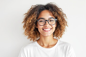 Obraz premium Portrait of a happy woman with curly hair, wearing glasses and a white shirt on a plain background. Concept of positivity and confidence. Ai generative