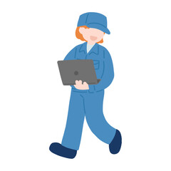 ノートパソコンを持ちながら横を覗く作業服を着た女性のフラットなイラスト
