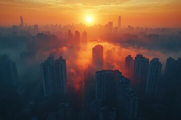 Fototapeta premium Drone Shot of City Skyscrapers Under Hazy Sunlight