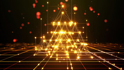 A creative hierarchy chart with glowing nodes and radiant connecting lines, dynamically hovering above a sleek grid background.