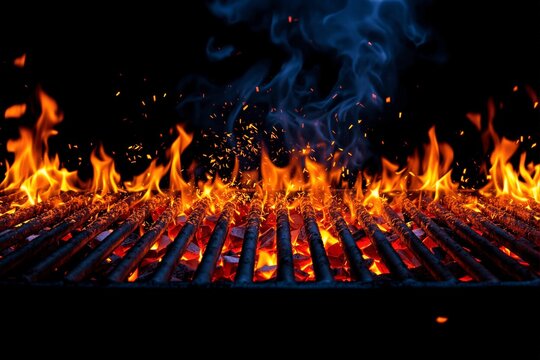 Burning flames and glowing coals under grill bars, creating a vivid and warm ambiance against a dark background. Concept of barbecue cooking. Ai generative