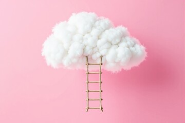 Fluffy white cloud with a rope ladder attached, set against a pink background. Concept of aspiration, creativity, or digital storage. Ai generative