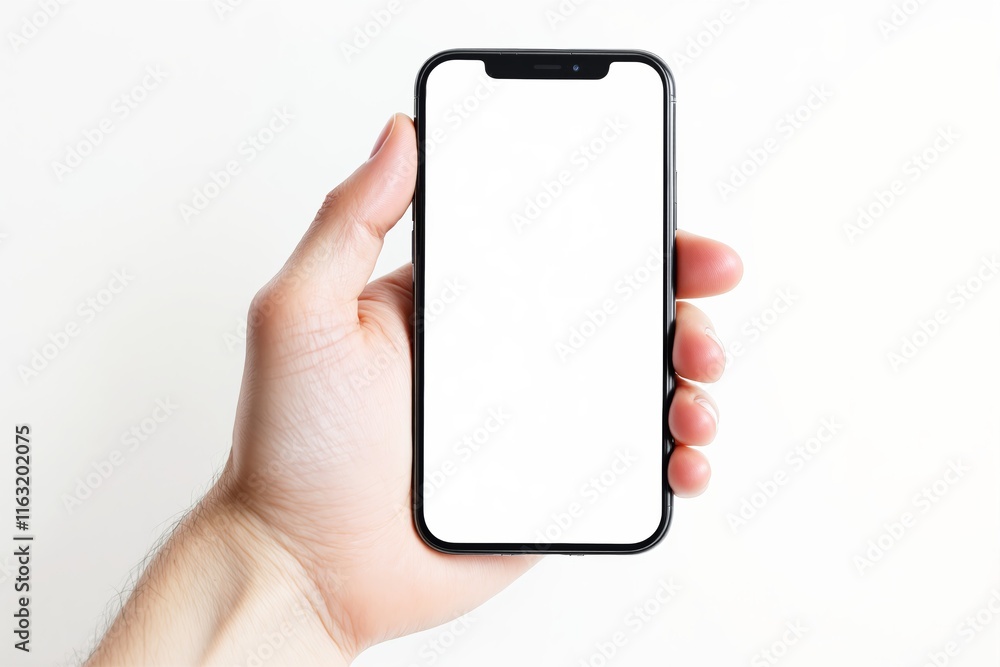 Poster a hand holding a modern smartphone with a blank white screen on a plain light background, showcasing