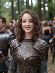 Smiling female knight in medieval armor