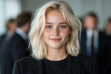Obraz premium Young businesswoman with blonde hair and freckles smiling confidently.