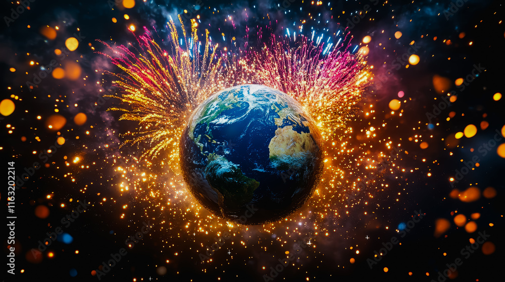 Aufkleber vibrant fireworks display above globe with distant planet creating a festive and cosmic atmosphere o