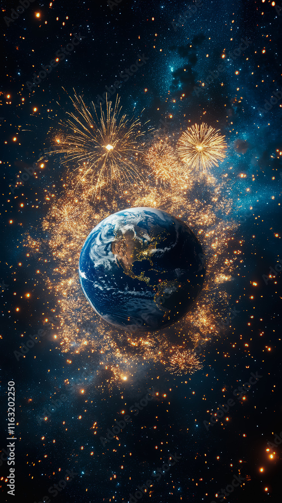 Poster vibrant fireworks exploding around a distant planet in the cosmos creating a spectacular celestial c