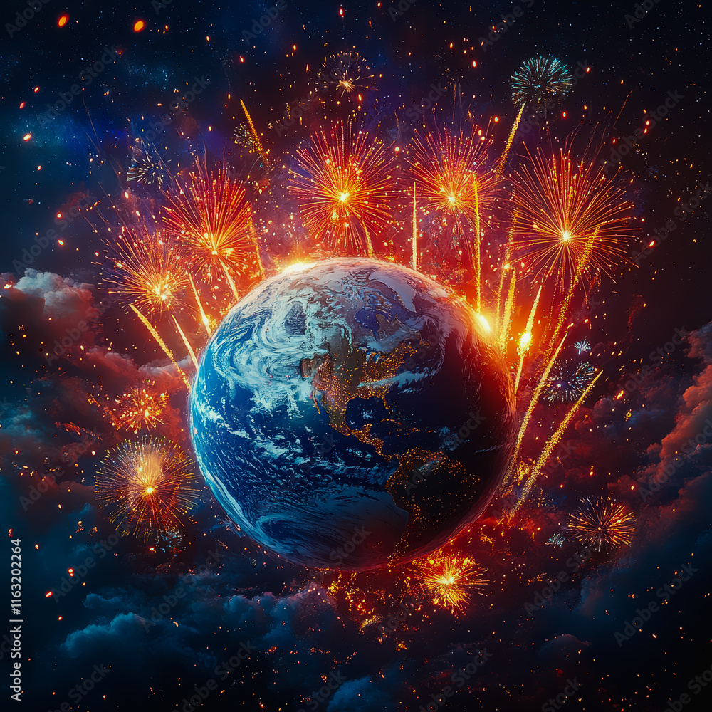 Poster vibrant fireworks illuminating a distant planet against a starry cosmic background creating a festiv