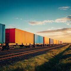 Fototapeta premium Colorful Cargo Train Moving Through Scenic Landscape