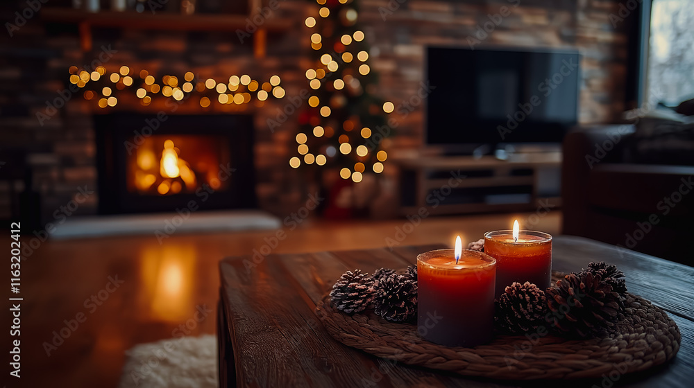 Aufkleber warm candlelight illuminates table setting with beautiful christmas tree in background creating a co