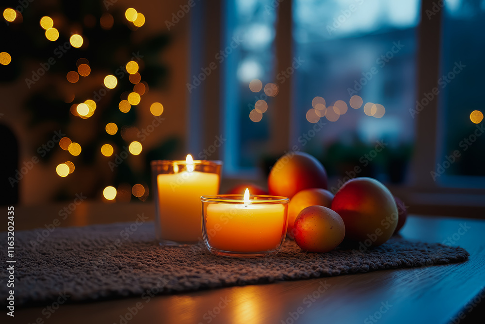 Poster warm candlelight illuminating fresh fruits on rustic table creating a cozy inviting atmosphere for i