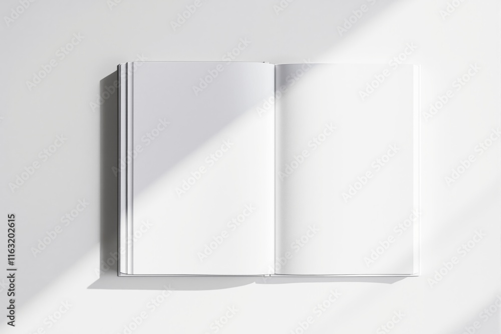 Poster open blank book mockup template with clean white pages in soft natural light, on a minimal white bac