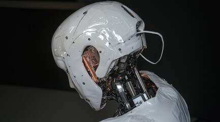 Close-up of a humanoid robot's head and neck, showcasing intricate mechanical details.