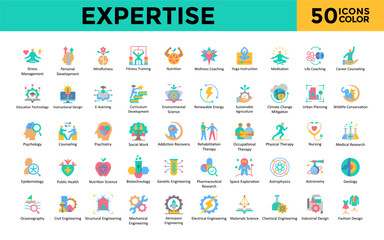 Expertise icon set with stress management, personal development, mindfulness, fitness training, nutrition, wellness coaching, yoga instruction, meditation icon. Simple flat color vector 
