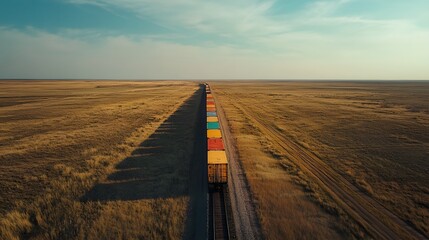 Colorful Freight Train Crossing Vast Golden Prairie