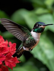 Fototapeta premium Hummingbird in flight near red flowers