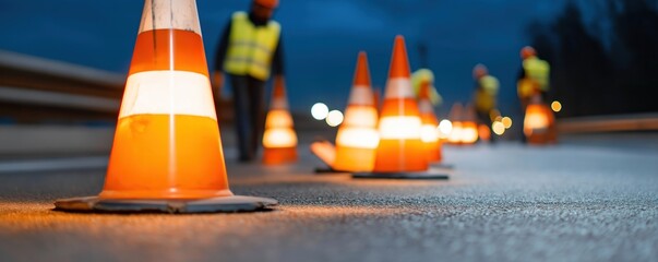 Road workers place traffic cones at night. Construction site ahead. Safety measures in place. Workers wear safety vests. Road maintenance in progress. Public safety priority. Evening road work.