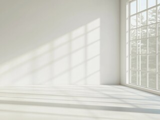 Fototapeta premium Empty minimalist living room corner natural lighting through large window. Neutral tones create serene, stylish atmosphere. Sunlight casts soft shadows on light-colored floor. Ideal for real estate,