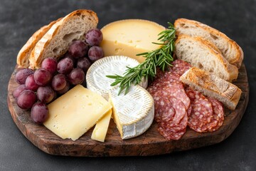 Gourmet cheese and charcuterie board with grapes and bread