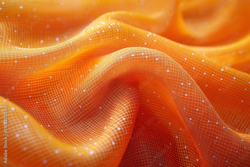 Poster close-up view of vibrant orange fabric with textured pattern. fabric drapes in soft waves, curves. f