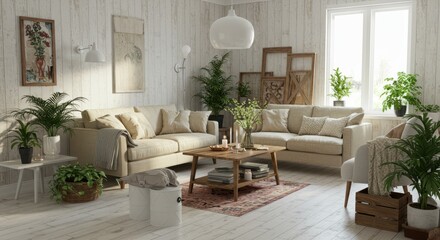 Fototapeta premium Cozy botanical living room with neutral palette and indoor plants