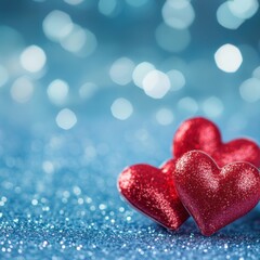 Fototapeta premium Romantic Red Glitter Hearts on a Sparkling Blue Background Perfect for Valentine's Day or Anniversary Cards