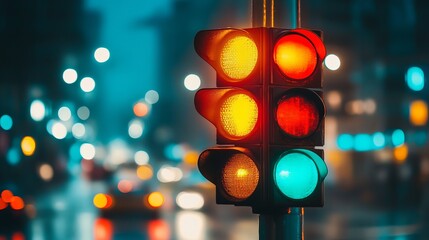 Colorful bokeh traffic lights on busy city street at night, urban lights blur