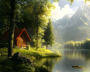 Fototapeta premium Secluded Cabin by Mountain Lake