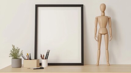 Wooden Mannequin and Blank Frame Mockup on Desk