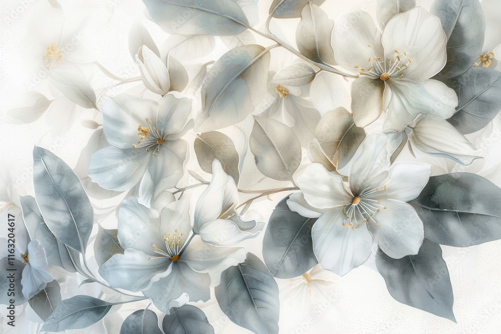Poster Delicate white flowers with soft gray leaves create an elegant and serene atmosphere in a light background